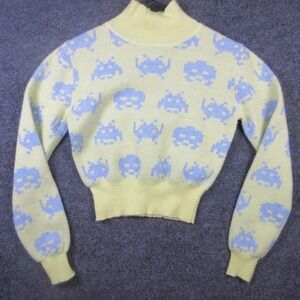 Zara Sweater Womens Small Yellow Space Invaders Mock Neck Long Sleeve Pullover